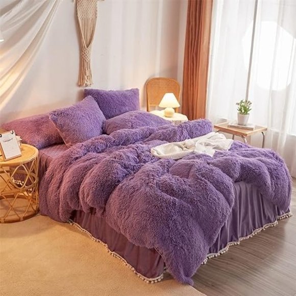 Fluffy Comforter Cover Queen Set，Faux Fur Purple Bedding Sets Queen OR King  3 P - Picture 7 of 7
